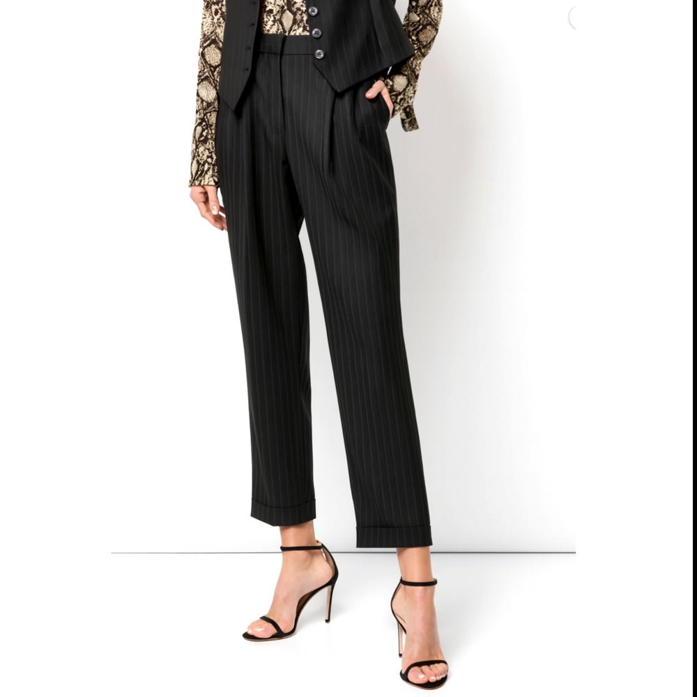 Nili Lotan 8 Virgin Wool Pinstripe Montana Pants $575 Pleated Cropped Black NWT